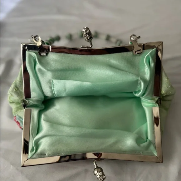 Vintage Beaded Floral Satin Purse – Mint Green Sequin Clutch Embellished - Picture 8 of 10